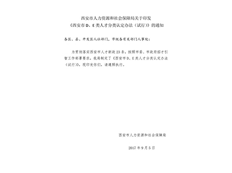 西安市人力資源和社會(huì)保障局關(guān)于印發(fā)《西安市d、e類(lèi)人才分類(lèi)認(rèn)定辦法（試行）》的通知